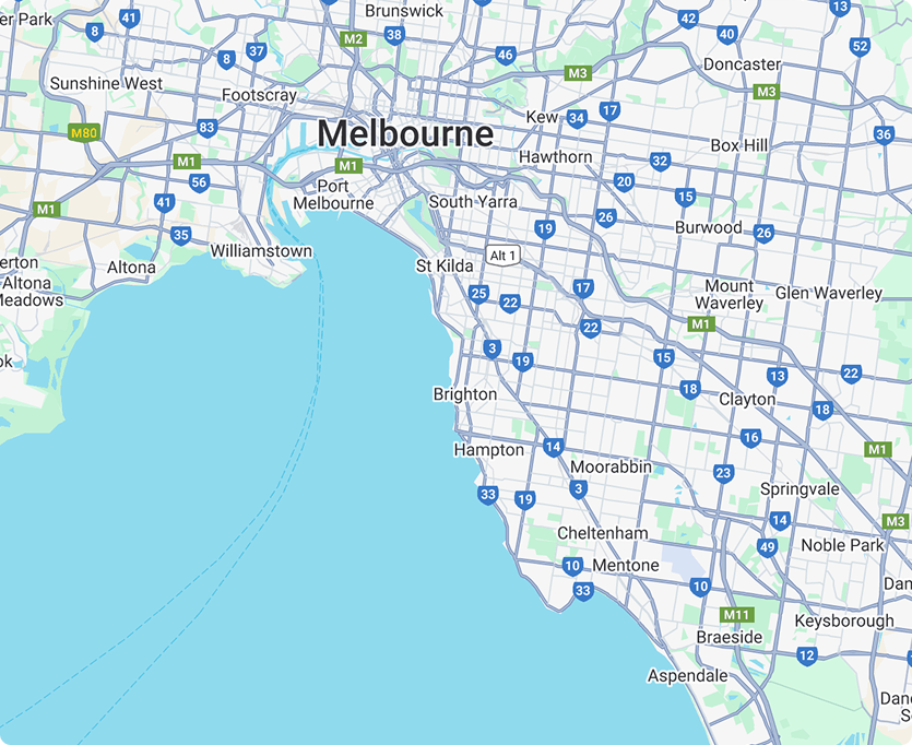 Map of Melbourne highlighting suburbs serviced by Cornerstone Property Group for balcony repairs and renovations, including Brighton, St Kilda, and Williamstown.